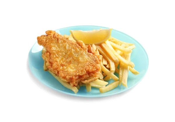 stock image Plate with British Traditional Fish and potato chips on white background