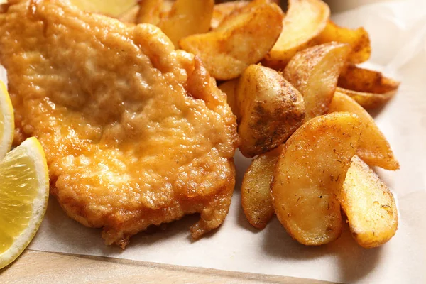 British traditional fish and potato chips, closeup