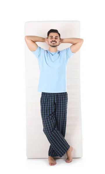 Young Man Comfortable Mattress Isolated White — Stock Photo, Image