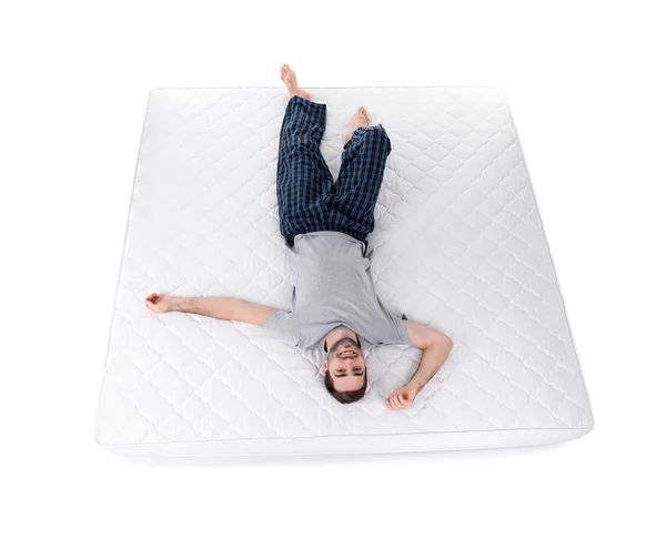 Young Man Lying Mattress White Background View — Stock Photo, Image