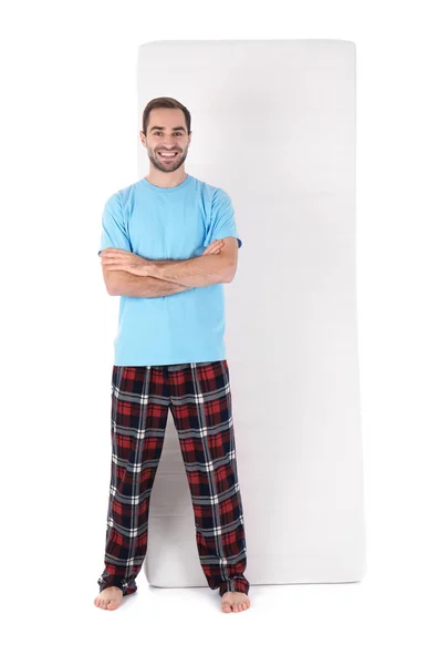 Jeune Homme Avec Matelas Confortable Isolé Sur Blanc — Photo