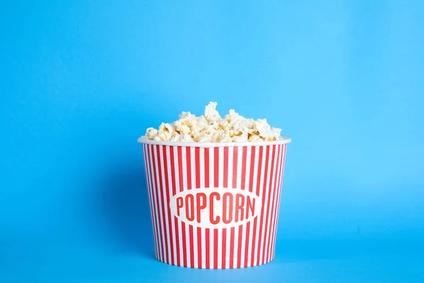 Bucket Fresh Tasty Popcorn Color Background Cinema Snack — Stock Photo, Image