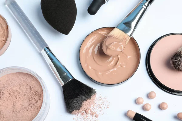 Flat Lay Composition Skin Foundation Powder Beauty Accessories White Background — Stock Photo, Image