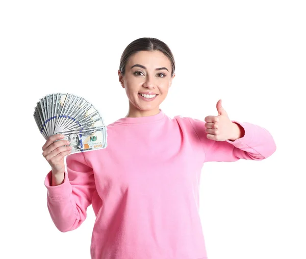 Portrait Young Woman Holding Money Banknotes White Background — Stock Photo, Image