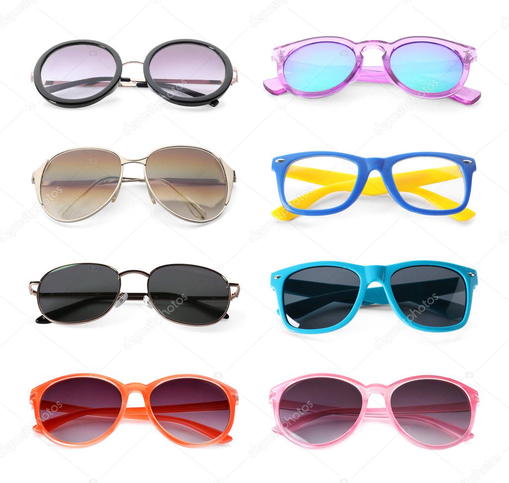Set of different stylish sunglasses on white background. Beach accessories