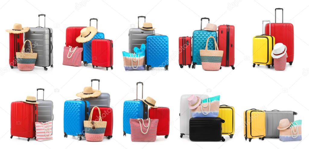 Set of suitcases and different beach accessories on white background