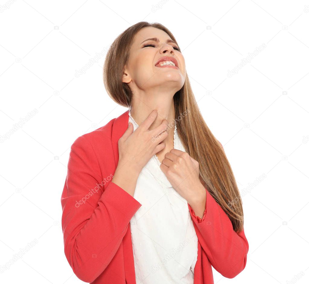 Young woman scratching neck on white background. Annoying itch