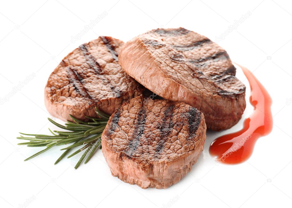 Delicious grilled meat with rosemary and sauce on white background