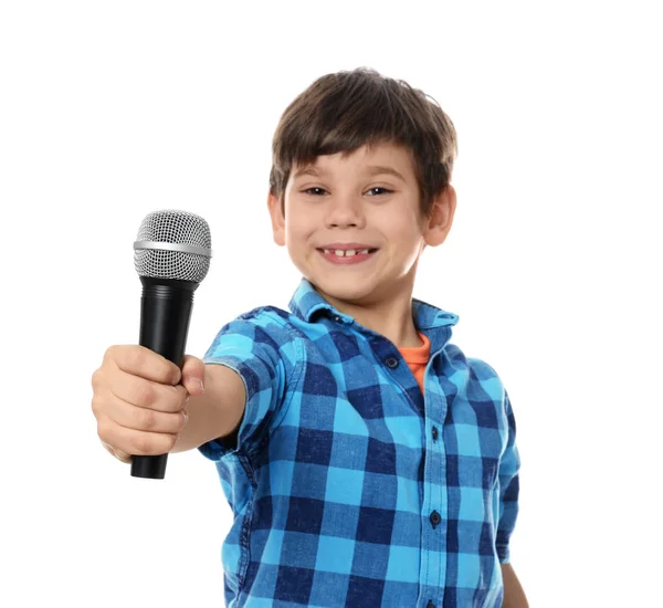 Menino Bonito Com Microfone Fundo Branco — Fotografia de Stock