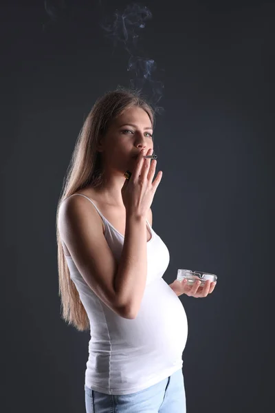 Young Pregnant Woman Smoking Cigarette Dark Background Harm Unborn Baby — Stock Photo, Image