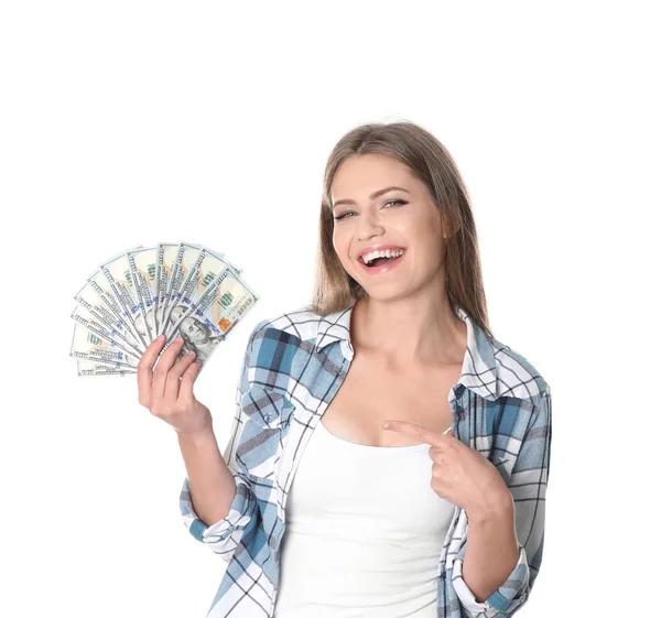 Retrato Jovem Feliz Com Dinheiro Fundo Branco — Fotografia de Stock