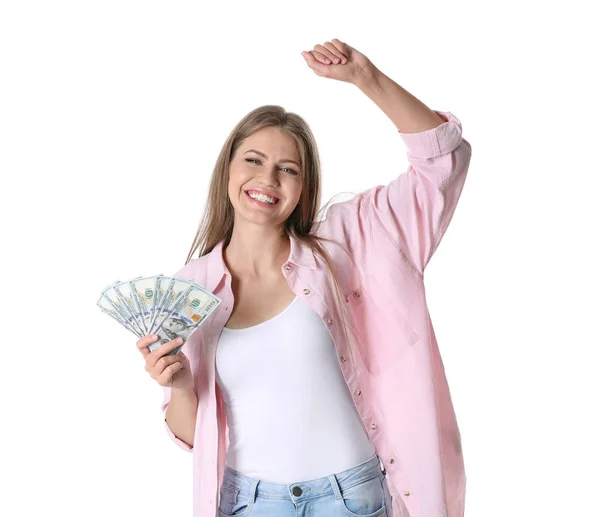 Retrato Jovem Feliz Com Dinheiro Fundo Branco — Fotografia de Stock