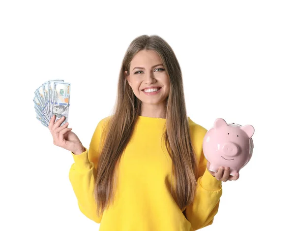 Porträt Einer Glücklichen Jungen Frau Mit Geld Und Sparschwein Auf — Stockfoto