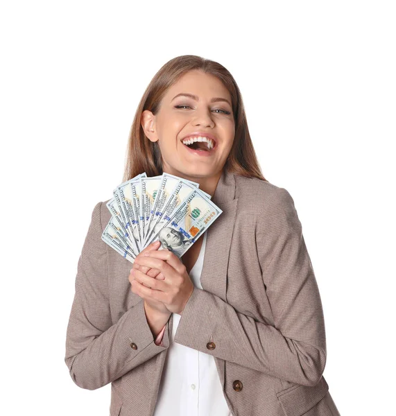 Retrato Jovem Empresária Feliz Com Dinheiro Fundo Branco — Fotografia de Stock