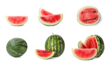Beyaz zemin üzerine lezzetli tüm ve dilimlenmiş olgun karpuz kümesi
