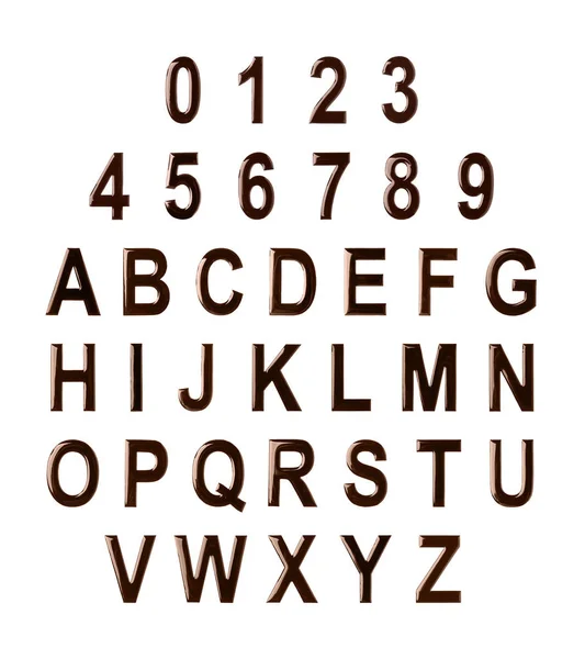Set Alphabet Numbers Made Melted Chocolate White Background — Stock Photo, Image