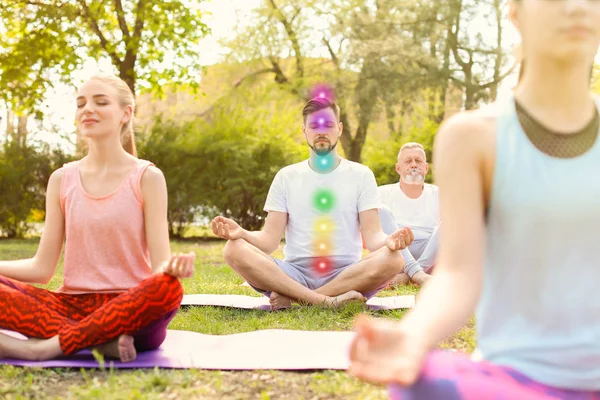 Bărbat Puncte Chakră Practicând Zen Yoga Grup Aer Liber — Fotografie, imagine de stoc