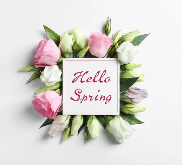 Красивые Цветы Открытка Текстом Hello Spring Белом Фоне Плоский Лежал — стоковое фото