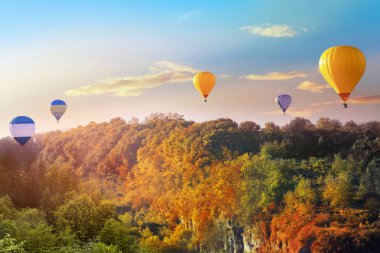 Güzel bir sonbahar orman üzerinde uçan sıcak hava balonları manzarası