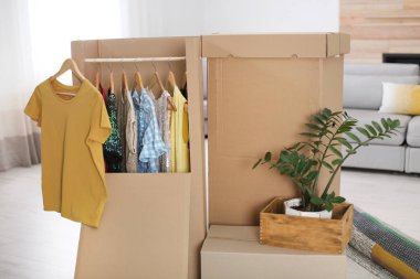 Karton dolap kutuları Giyim Askıları, houseplant ve oturma odasında halı ile