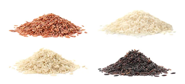 Set Mit Haufen Verschiedener Ungekochter Reisgerichte Auf Weißem Hintergrund — Stockfoto