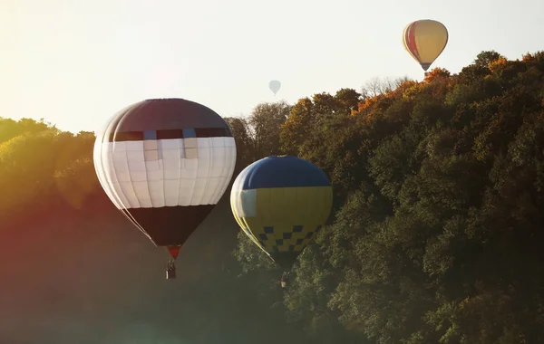 Beautiful View Hot Air Balloons Flying Autumn Forest — Stock Photo, Image