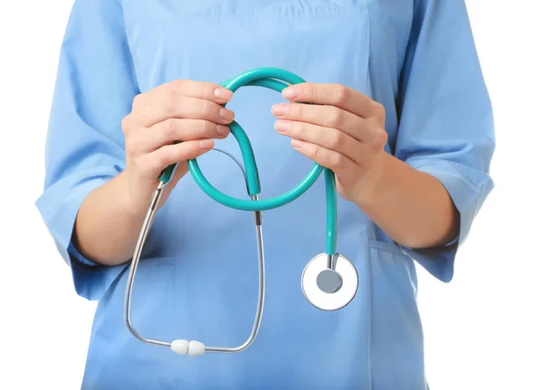 Médica Com Estetoscópio Fundo Branco Close Objeto Médico — Fotografia de Stock