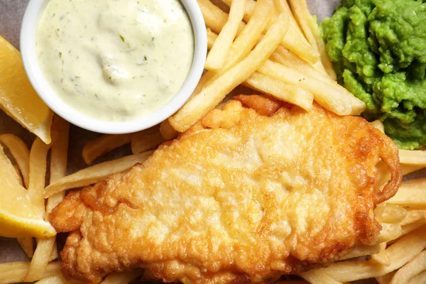 British traditional fish and potato chips, closeup