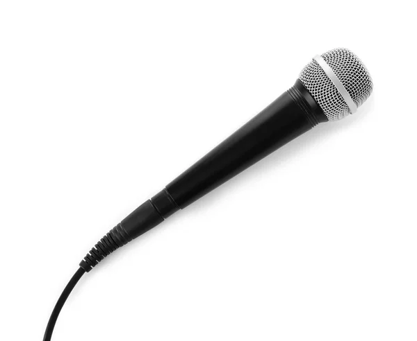Mikrofon Med Tråd Vit Bakgrund Ovanifrån — Stockfoto