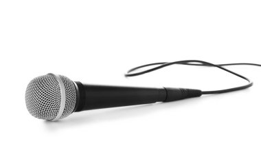 Professional dynamic microphone with wire on white background clipart