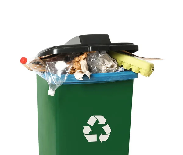 Lixeira Com Lixo Fundo Branco Reciclagem Resíduos — Fotografia de Stock