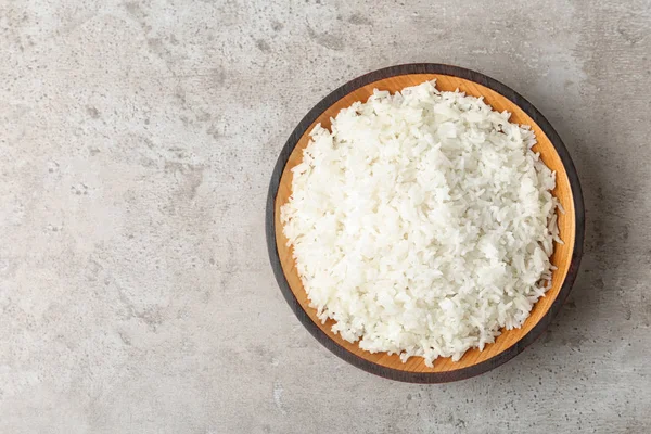 Cuenco Arroz Hervido Sobre Fondo Gris Vista Superior Con Espacio — Foto de Stock