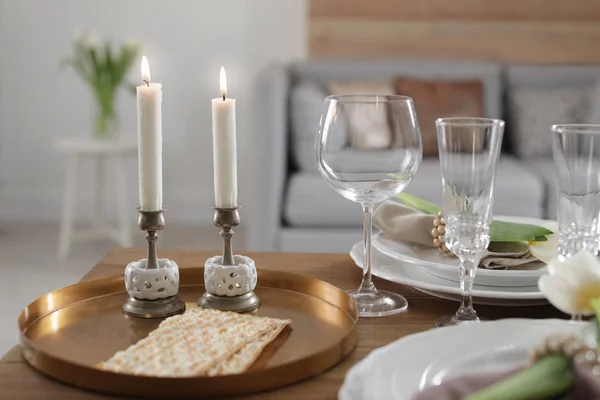 Festive Passover Table Setting Home Pesach Celebration — Stock Photo, Image