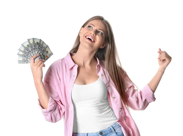 Porträt Einer Glücklichen Jungen Frau Mit Geld Auf Weißem Hintergrund — Stockfoto
