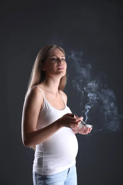 Young Pregnant Woman Smoking Cigarette Dark Background Harm Unborn Baby — Stock Photo, Image