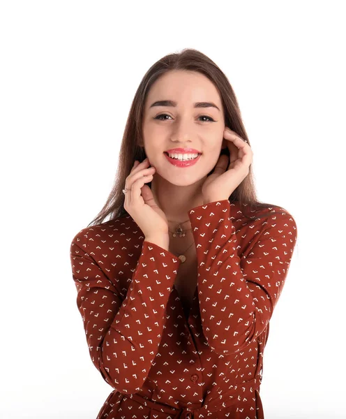 Retrato Bela Jovem Mulher Vestido Elegante Fundo Branco — Fotografia de Stock