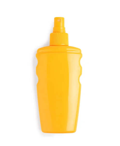 Flaska Med Sun Protection Kroppskräm Vit Bakgrund — Stockfoto