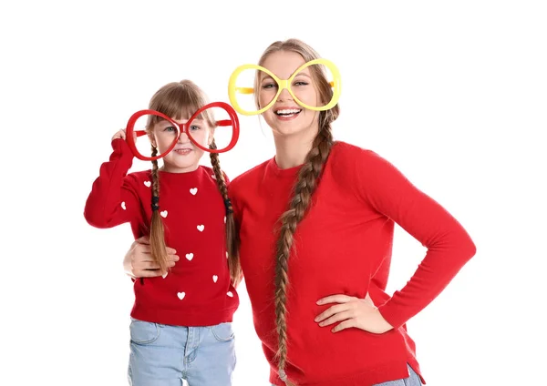 Femme Heureuse Fille Avec Des Lunettes Drôles Sur Fond Blanc — Photo