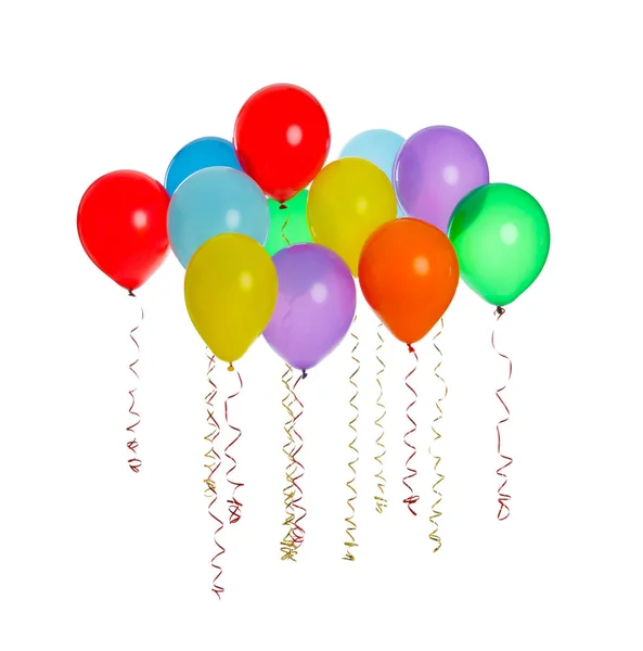 Veel Kleurrijke Ballonnen Drijvend Witte Achtergrond — Stockfoto