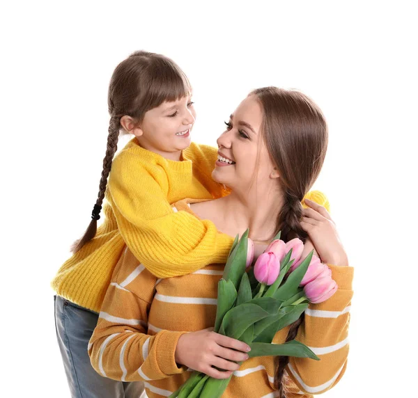 Happy Mother Daughter Flower Bouquet White Background International Women Day — Stock Photo, Image