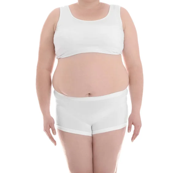 Overgewicht Vrouw Witte Achtergrond Close Verlies Van Het Gewicht — Stockfoto