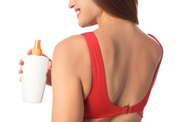 Kvinna Med Flaska Sun Protection Kroppskräm Vit Bakgrund Närbild — Stockfoto