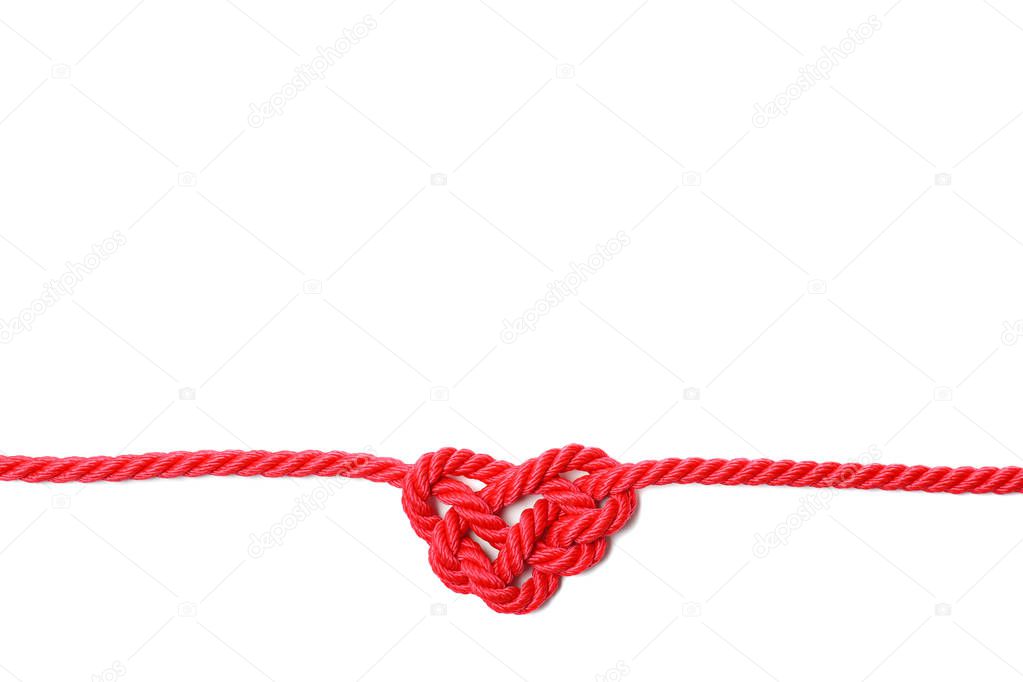 Heart made of red rope on white background, top view with space for text