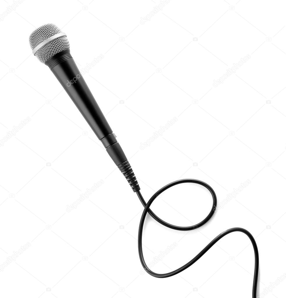 Microphone with wire on white background, top view