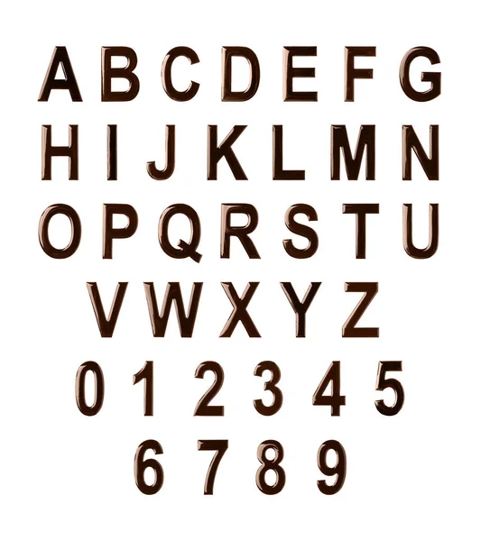 Alfabet Cijfers Set Gemaakt Van Gesmolten Chocolade Witte Achtergrond — Stockfoto