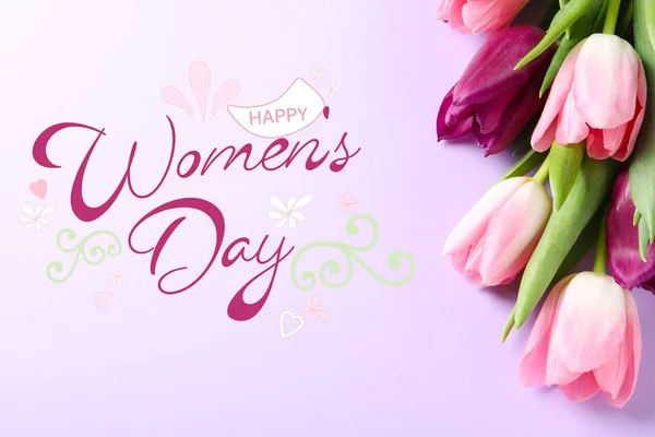 Beautiful Spring Tulips Color Background Top View Happy Women Day — Stock Photo, Image