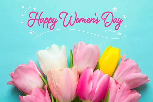 Spring Tulips Color Background Top View Happy Women Day — Stock Photo, Image