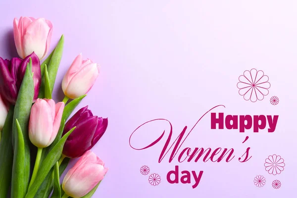 Schöne Frühlingstulpen Auf Farbigem Hintergrund Draufsicht Glücklicher Frauentag — Stockfoto