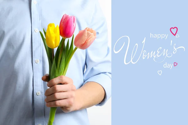 Man Holding Beautiful Spring Tulips Light Background Closeup Happy Women — Stock Photo, Image