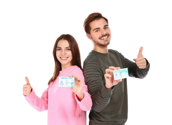 Happy Young People Driving Licenses White Background — Stock Photo, Image